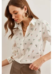 Olalook Tiny Floral Patterned Linen Women's Shirt - Coral Cuffed Gml- 19001248