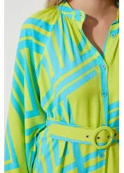 Happiness İstanbul فستان فيسكوز صيفي كبير الحجم بحزام أخضر زيتي للنساء ZH00034