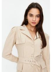  Modest Linen Look Button Woven Shirt Dress with Stone Belt Tctss24Eb00017