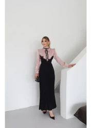 1Moda1Tarz فستان نسائي مستورد من قماش الشيفون اللامع Yoryo مزين بالدانتيل ومطوي ومزين بشريط مبطن بتصميم خاص