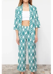  Collection Green Printed Comfortable Cut Stretchy Kimono Knitted Top and Bottom Set TWOSS24AU00103