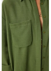 Happiness İstanbul طقم قميص وبنطلون كتان كاكي - جيب عريض FN03205