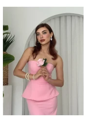 Julidress Pink Strapless Neckline Maxi Long Length Premium Bottom Top Set