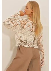 Trend Alaçatı Stili سترة نسائية فاخرة محبوكة باللون البيج ALC-X10701