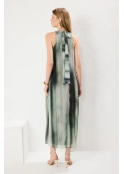 Collection Green Abstract Pattern Straight Cut Binding Detail Maxi Woven Dress Twoss25El00408