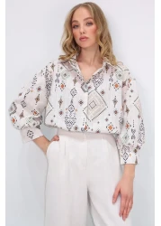 Trend Alaçatı Stili قميص نسائي من الكتان المنسوج بنمط عرقي باللون البيج والبني ALC-X10396