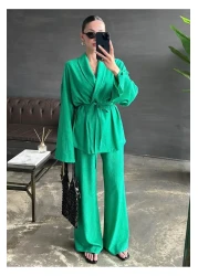 My Blog Green Shawl Collar Kimono Pants Set - 98655