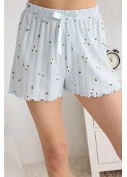  Collection Blue 100% Cotton Floral Pointel Openwork/Hollowed Out Shorts Knitted Pajamas Set Thmss25Pt00082