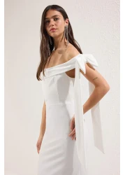  Collection White Body Fitted Shoulder Bow Detail Knitted Stylish Evening Dress Night Graduation Dress Tprss25El00293