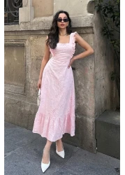 ASEDE تفاصيل أربطة الظهر، تصميم خاص، رقبة مربعة، مبطنة، حزام، 100% قطن، فستان مطرز