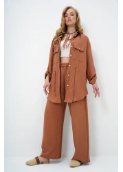 Trend Alaçatı Stili بدلة سفاري نسائية بنية بجيب مزدوج وبنطلون Aerobin واسع الساق بخصر مطاطي Ymx8448