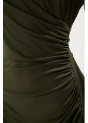  Collection Khaki Straight Drawstring /Drape Midi Drawstring Drape Detail Double Breasted Neckline Knitted Dress Twoss25El00098
