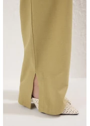  Modest Khaki Linen Blended Mother of Pearl Button Woven Bottom-Top Set Tctss25Us00028