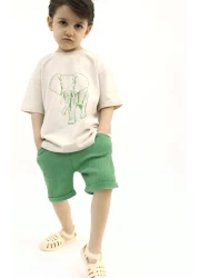 BALKABAĞI Elephant Stone Color T-shirt Green Muslin Shorts Set TYE0031