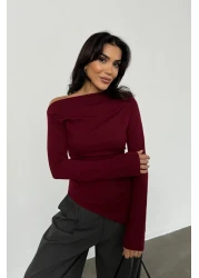 Bipantolon Burgundy Anthracite 2-Piece Blouse - Draped, Boat Neck, Asymmetrical Lycra Knitted Blouse