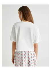 Koton Tuba Unusal - Cotton Short Sleeve T-Shirt, Cherry Embroidery Detail, Crew Neck