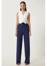 Happiness İstanbul Navy Blue Striped Comfortable Women's Trousers - To00158