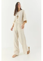 Bianco Lucci طقم قلادة نسائية مخططة برقبة على شكل حرف V من الكتان من الأسفل إلى الأعلى 25106 60283319