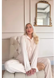 Pijamaevi طقم بيجامة نسائي بأكمام طويلة وأزرار أمامية من دبلن باللون البيج الفاتح