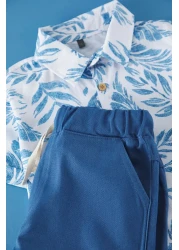 TRENDYOLKIDS Blue Male Child Cotton Tropical Printed Woven Shirt Shorts Bottom-Top Suit Tkdss25Au00035