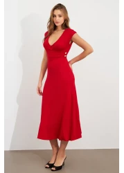 Cool & Sexy فستان متوسط ​​الطول بزر أحمر مزدوج الصدر للنساء EY0011