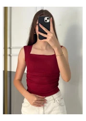 peri tower New Product Square Neck Waist Shirred Burgundy Camisole Undershirt