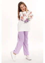 zepkids Floral Printed Ecru Lilac Color Girl's Tracksuit Set