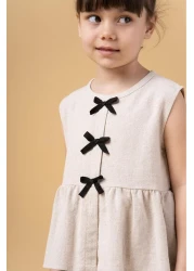 Magu Girl's Linen Beige Bow Flounce Long Pants Double Set