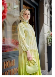 LOCCO فستان نسائي منقوش بأوراق التذهيب باللون الأخضر الفستقي