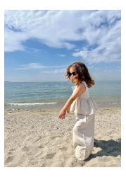 Oliven The Kid بدلة بناتي كتان بتطريز على الساقين طبيعي