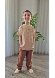 BALKABAĞI طقم قميص وبنطلون موسلين بني مرير - 2-8 سنوات MTYE0059