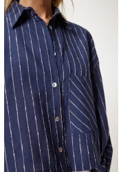 Happiness İstanbul قميص كتان نسائي قصير مخطط باللون الأزرق الداكن - DM00140