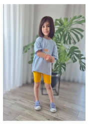 My Baby's World Flower Pattern Puffy Print Blue Tshirt Sun Yellow Biker Leggings Girl's Summer Suit Mtyk0057