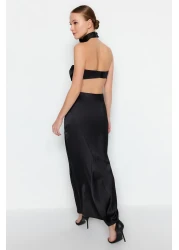  Collection تنورة طويلة سوداء منسوجة من الساتان - TPRAW24ET00040