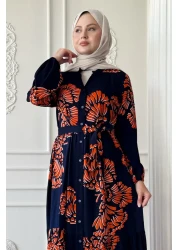 InStyle فستان من الفسكوز البرتقالي بنمط أوراق مموجة