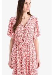 Defacto V-Neck Cheeky Patterned Lace-Up Short Sleeve Midi Summer Dress D2835Ax25Sm