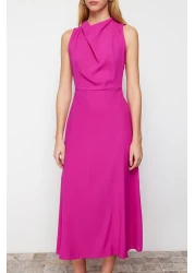  Collection Pink Degaje Neck Skirt Cut Detail Midi Woven Dress TWOSS24EL00390
