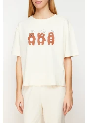  Collection Beige 100% Cotton Teddy Bear Pajama Set - T-Shirt and Pants Thmss23Pt00134