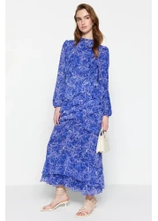  Modest Blue Floral Skirt - Woven Chiffon Dress with Ruffled Lining Tctss23Eb00160