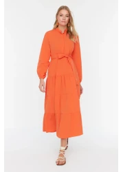  Modest Orange Belted Prevailing Collar Button Detail Woven Dress TCTSS21EL3343