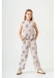 Magu Girl's Ecru Floral Patterned Poplin Linen Blouse and Pants Set