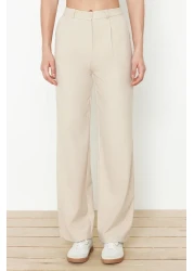  Collection بنطال منسوج باللون البيج واسع الساق/واسع الساق TWOSS24PL00084