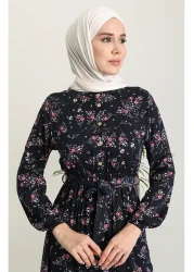 sefamerve فستان فيسكوز أزرق كحلي - نمط الأزهار 5068-04