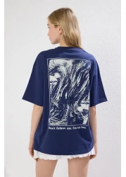  Collection Navy Oversize Knitted T-Shirt - 100% Cotton, Back and Front Print, Relaxed Fit Twoss24Ts00234