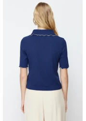  Collection Navy Blue Collar Detailed Regular/Normal Fit Knitted Knitted Blouse Twoss24Bz00194