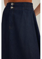  Collection تنورة طويلة من قماش الدنيم باللون الأزرق الداكن مع خصر مطاطي TWOSS25ET00006