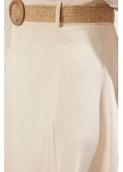  Collection تنورة طويلة منسوجة من الكتان بطول ماكسي على شكل حرف A مع تفاصيل حزام بيج TWOSS25ET00071