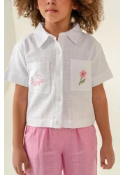 Magu Girls Linen White Embroidery Detailed Shirt and Pink Pants Set - Stylish and Comfortable