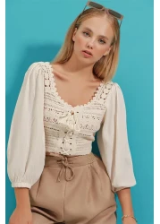 Trend Alaçatı Stili Women's Ecru Oval Collar Front Lace Up Linen Blocked Crochet Blouse ALC-X9196