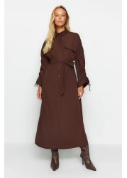  Modest Brown Belted Sleeves Adjustable Detail Button Cotton Woven Shirt Dress Tctss23Eb00365